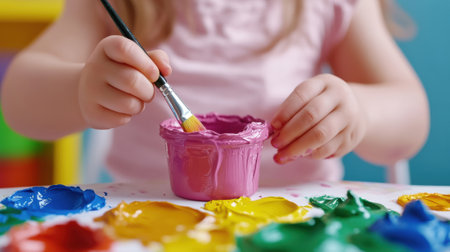 A child painting with a paint brush in a cup of colored paints, AIの素材
