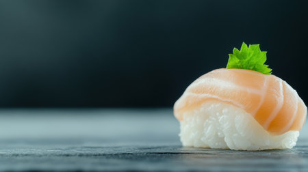 A piece of a sushi roll with salmon and green leaf on top, AIの素材