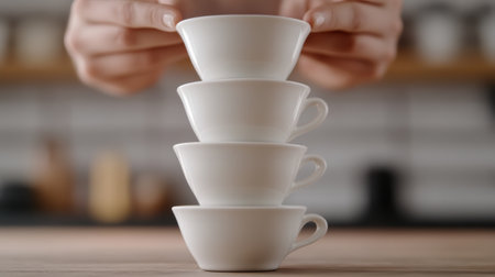 A person stacking cups on top of each other in a pyramid, AIの素材