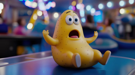 A yellow potato sitting on a table with its eyes open, AIの素材