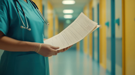 A nurse holding a clipboard in the hallway of an hospital, AIの素材