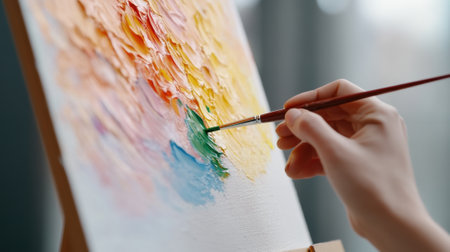 A person painting a colorful picture on an easel with paintbrush, AIの素材
