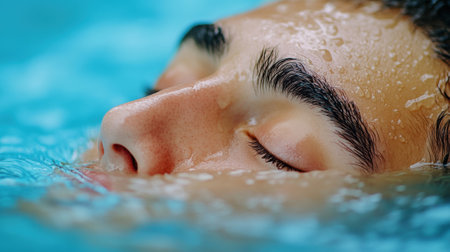 A close up of a man swimming in the water with his eyes closed, AIの素材