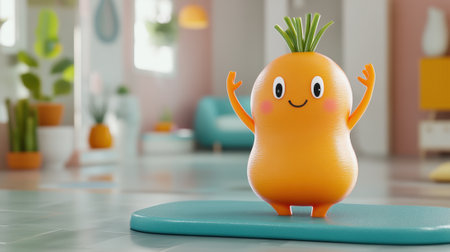 A carrot with a face and arms working out in a gym, AIの素材