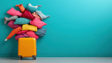 A suitcase with a pile of pillows on top and colorful blankets, AIの素材