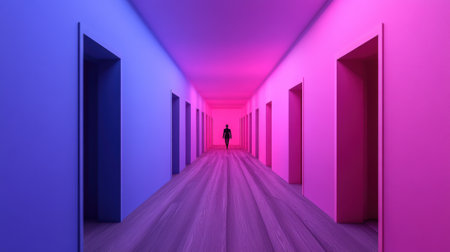 A person walking down a hallway in an empty room, AIの素材