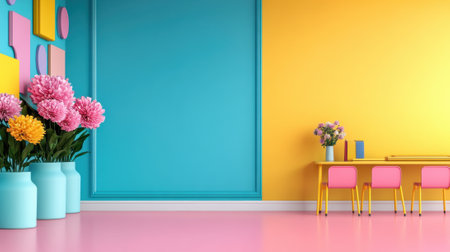 A room with pink and yellow walls, blue chairs and vases of flowers, AIの素材
