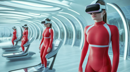 A woman in a red suit standing on treadmills with vr goggles, AIの素材