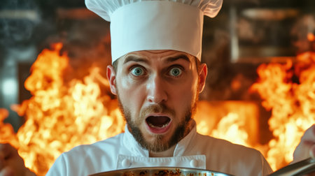 A chef in a white hat with flames behind him, AIの素材
