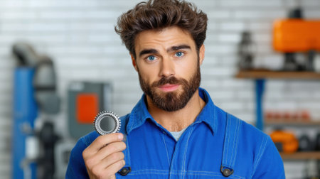 A man in blue shirt holding a gear wheel and looking at it, AIの素材
