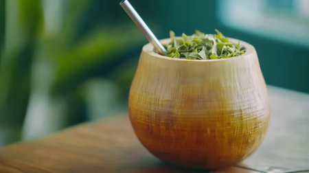 Herbal Yerba Mate Leaves in Calabash Vessel with Bombilla Straw, Close-Up View, AIの素材