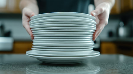 A stack of plates on a counter in front of someone, AIの素材
