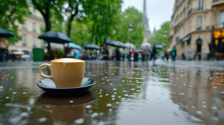 A cup of coffee on a saucer in the rain, AIの素材