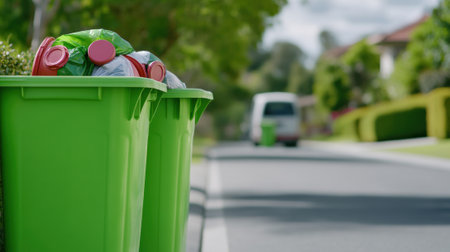 Two green trash cans sitting on the curb next to a street, AIの素材