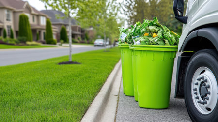 Two green trash cans sitting next to a white van on the side of the road, AIの素材