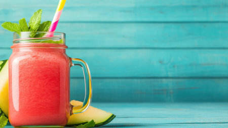 A glass of a smoothie with fruit and mint leaves on the table, AIの素材
