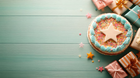 A birthday cake with a star on top surrounded by presents, AIの素材