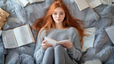A woman with red hair is laying on a bed surrounded by books, AIの素材