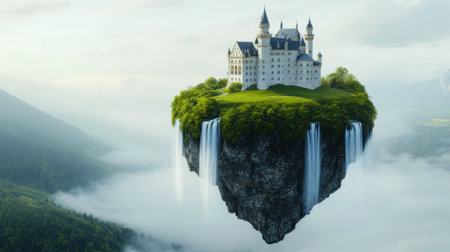 A castle floating in the air with a waterfall coming out of it, AIの素材