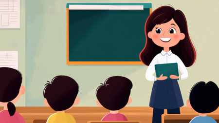A cartoon teacher standing in front of a classroom full of children, AIの素材
