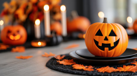 A pumpkin carved into a jack-o-lantern sits on top of black plates, AIの素材