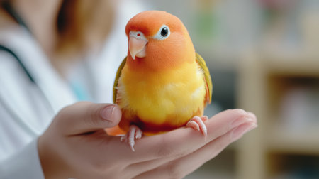 A person holding a small orange and yellow bird in their hands, AIの素材