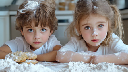 Two little girls are sitting at a table with flour on their faces, AIの素材