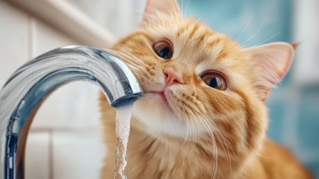 A cat drinking from a faucet in the kitchen sink, AIの素材