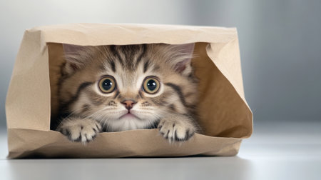 A kitten peeking out of a brown paper bag on the table, AIの素材
