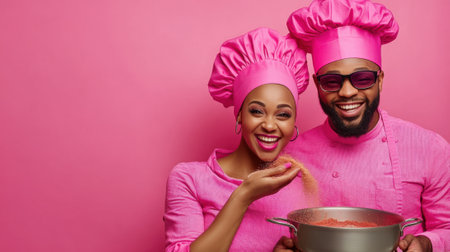 A man and woman in pink chef hats standing next to a bowl of food, AIの素材