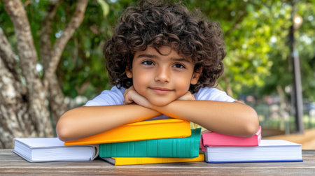 A young boy with curly hair sitting on top of a pile of books, AIの素材