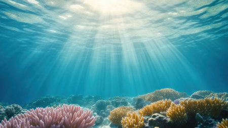 A coral reef with sunlight shining through the water, AIの素材