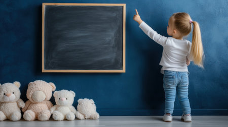 A little girl pointing at a blackboard with teddy bears behind her, AIの素材