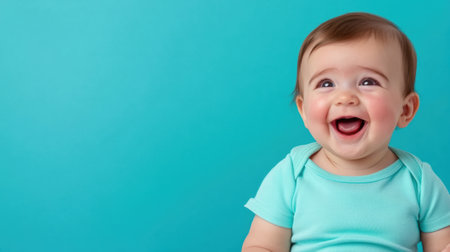 A baby smiling while holding a toothbrush in front of him, AIの素材