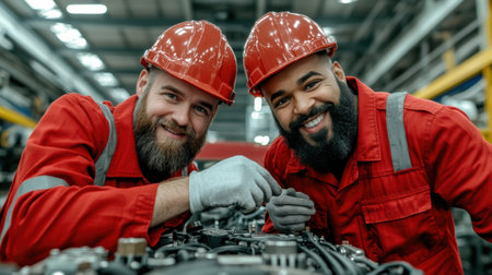 Two men in red hard hats working on a car engine, AIの素材