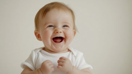 A baby smiling while holding a toothbrush in his mouth, AIの素材