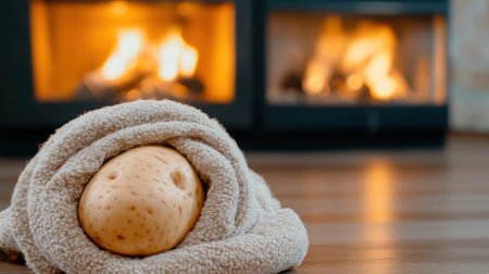 A potato wrapped in a towel sitting on the floor next to fire, AIの素材