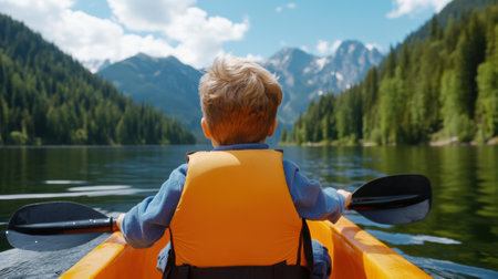 A young boy in a yellow kayak paddling down the river, AIの素材