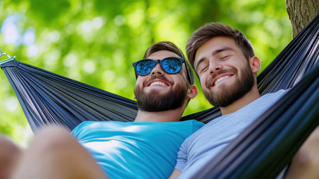 Two men are laying in a hammock with sunglasses on, AIの素材