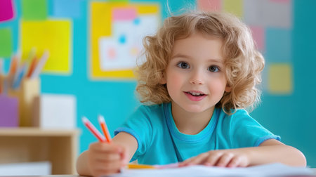 A young girl sitting at a table with crayons and pencils, AIの素材