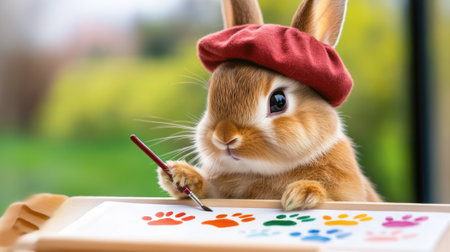A rabbit with a red hat holding paint brushes and drawing, AIの素材