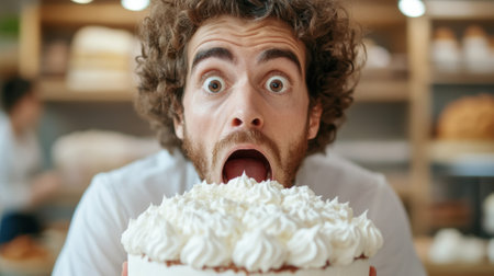 A man with curly hair holding a large cake in front of his face, AIの素材