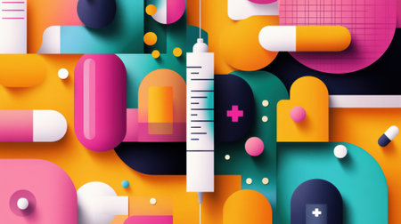 A colorful background with a medical syringe and pills, AIの素材