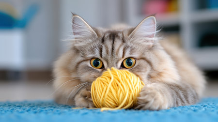A cat playing with a yellow ball of yarn on the floor, AIの素材