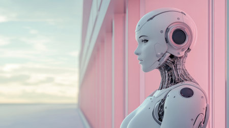 A robot is standing in front of a pink wall, AIの素材