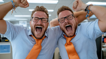 Two men in orange ties and glasses with their mouths open, AIの素材
