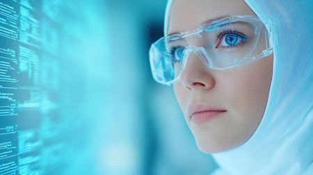 A woman in white head covering and goggles looking at something, AIの素材