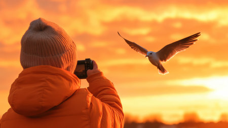 A person taking a picture of the bird flying in front of them, AIの素材