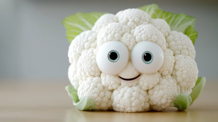 A white cauliflower with eyes and a mouth on its head, AIの素材