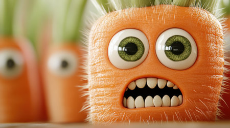 A group of carrots with eyes and mouths made out of plastic, AIの素材